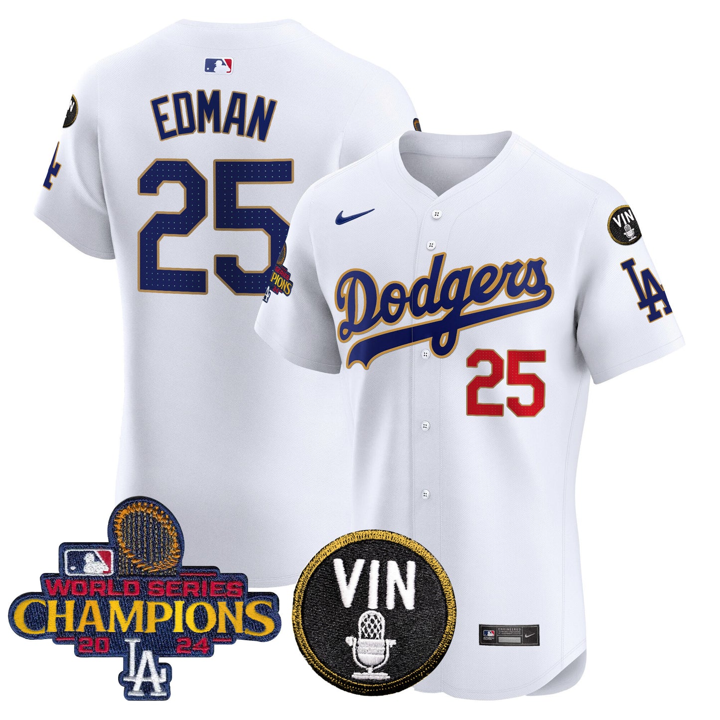 Men's Dodgers 2024 World Series Champions Gold Trim Vapor Premier Elite Jersey - All Stitched